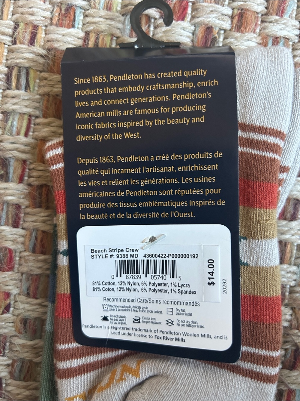 Pendleton Striped Crew Socks in Green, Blue, and Cream - Picture 4 of 4
